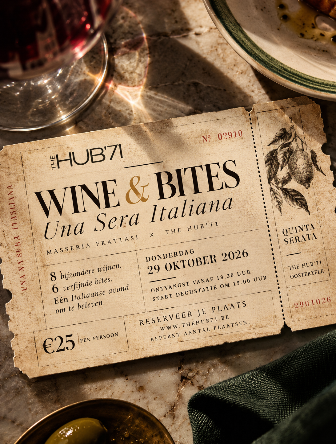 Uitnodiging voor de Italiaanse wijnavond op donderdag 29 oktober 2026, voor €25 per persoon