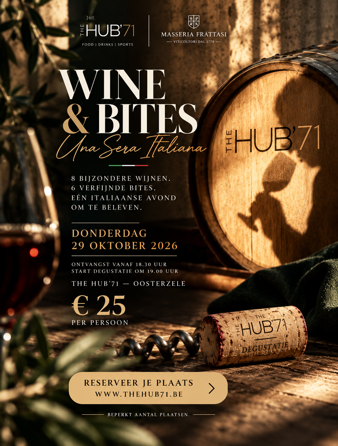 De affiche van Wine & Bites met een wijnvat, een glas rode wijn en warme Italiaanse sfeer